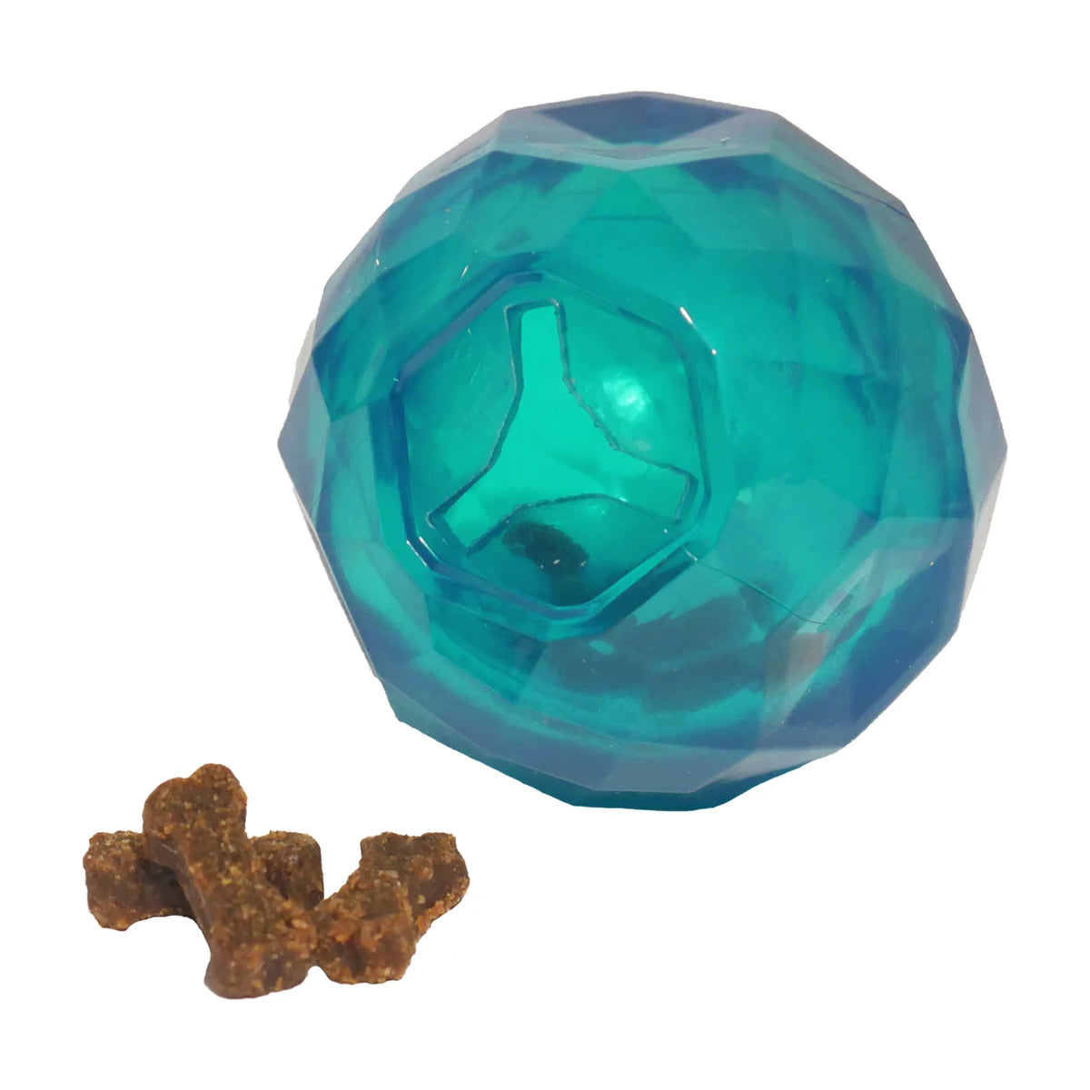 Blue Rosewood BioSafe Puppy Treat Ball with treats showing the treat dispensing opening for puppy enrichment
