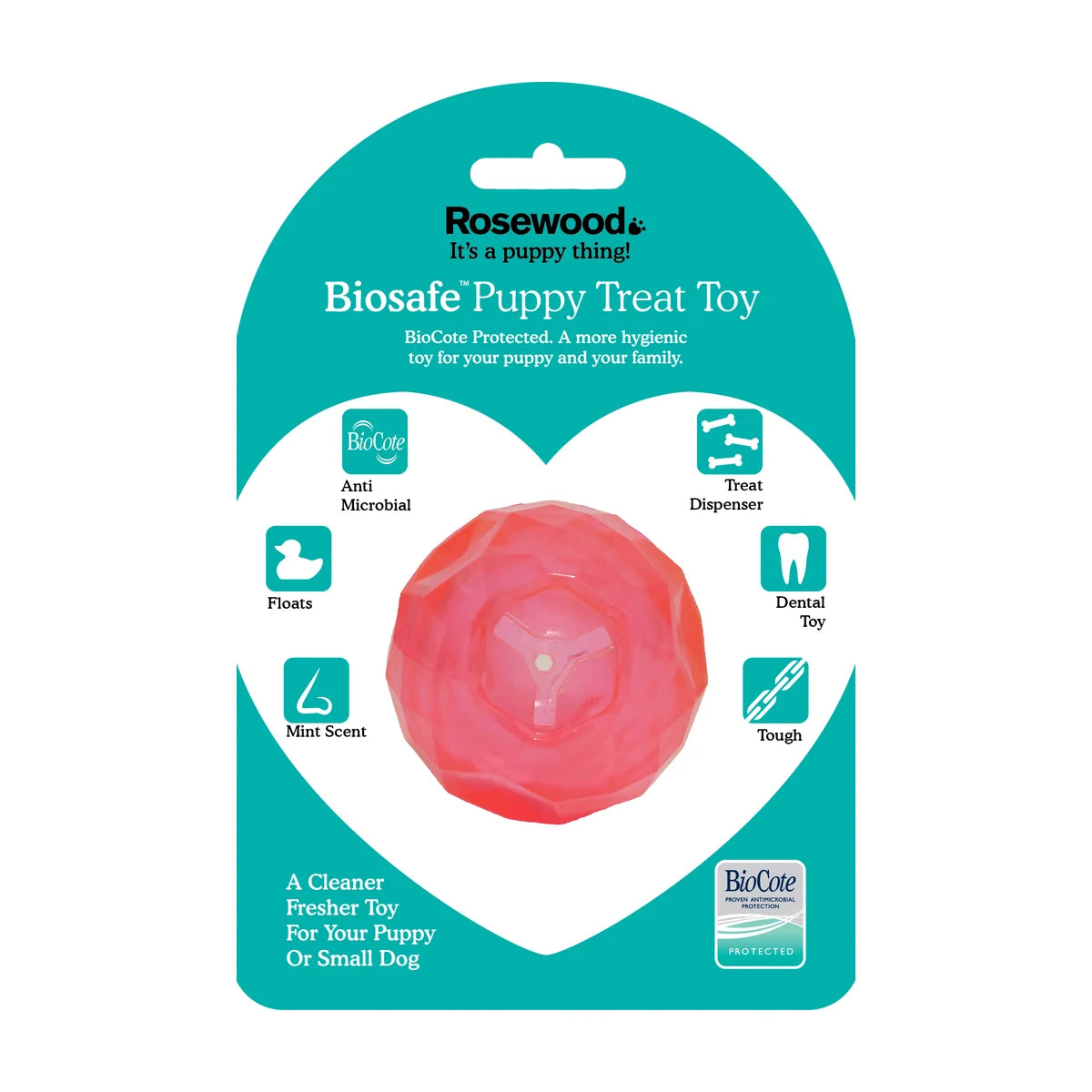 Rosewood BioSafe Puppy Treat Ball pink packaging showing BioCote protected puppy treat dispensing toy