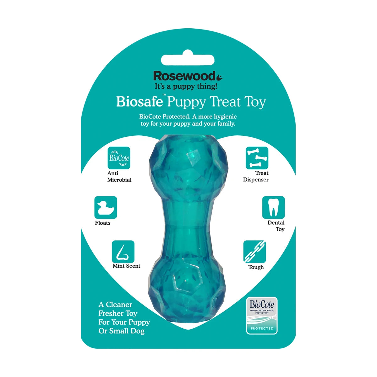 Rosewood BioSafe Puppy Treat Dumbbell blue packaging showing mint-scented treat dispensing toy for puppies and small dogs