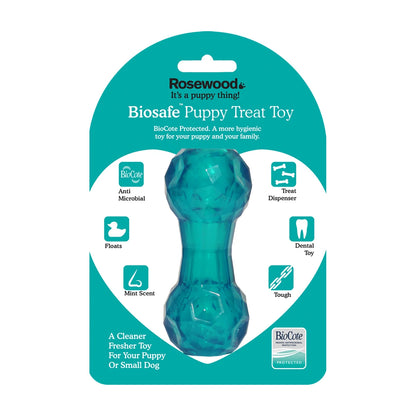 Rosewood BioSafe Puppy Treat Dumbbell blue packaging showing mint-scented treat dispensing toy for puppies and small dogs