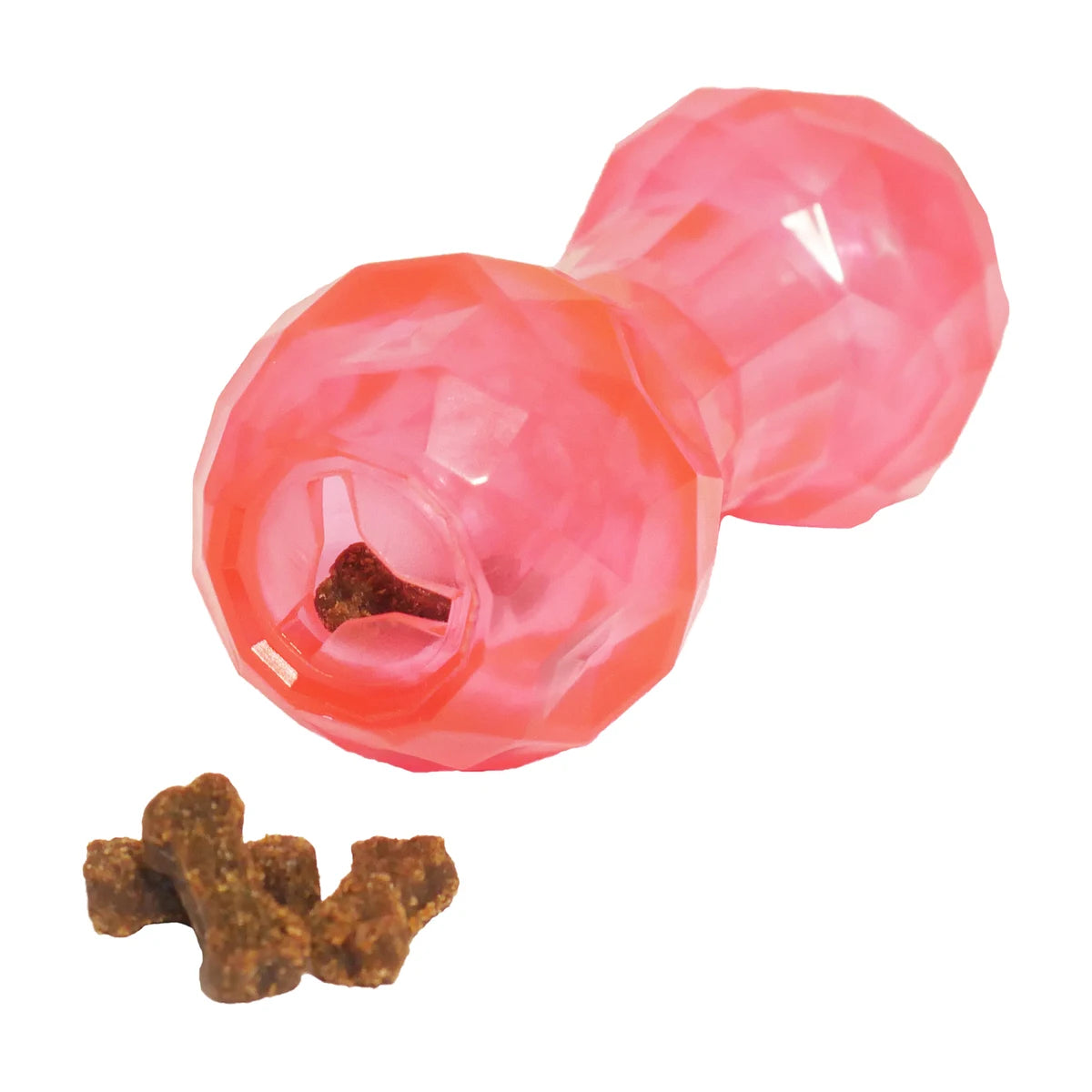 Blue Rosewood BioSafe Puppy Treat Dumbbell with treats showing treat-dispensing opening for puppy enrichment play