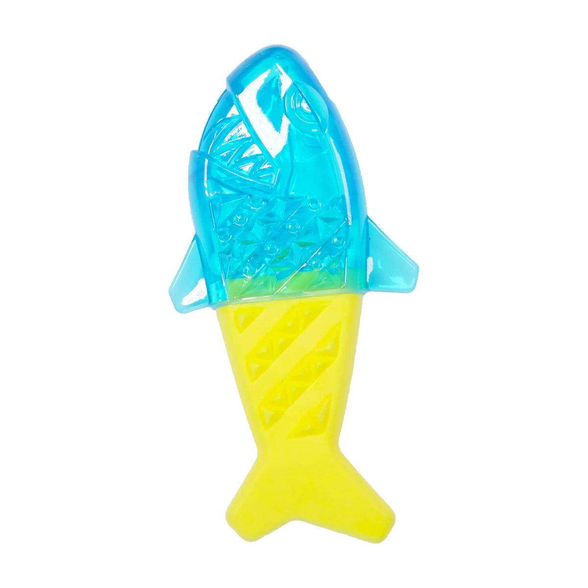 Rosewood Chillax Cool Soak Shark dog cooling chew toy in blue and yellow rubber