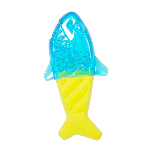 Rosewood Chillax Cool Soak Shark dog cooling chew toy in blue and yellow rubber