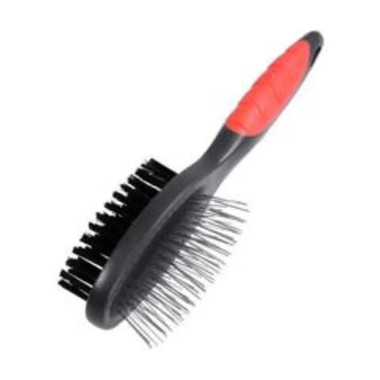 Rosewood double sided dog coat brush small size showing pin side and bristle side for removing loose hair and finishing a smooth coat