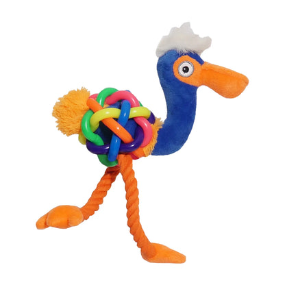 Rosewood flamingo multi-texture dog toy with colourful rubber belly and orange rope legs
