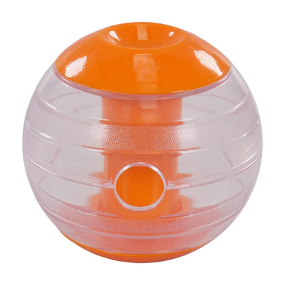 Rosewood Giggling Treat Ball in clear and orange design with treat dispensing opening for interactive dog play