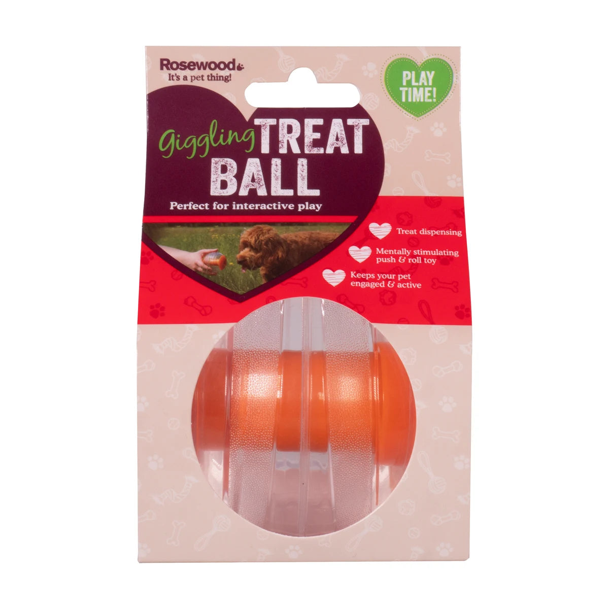 Rosewood Giggling Treat Ball packaging showing treat dispensing interactive dog toy with giggling sound feature