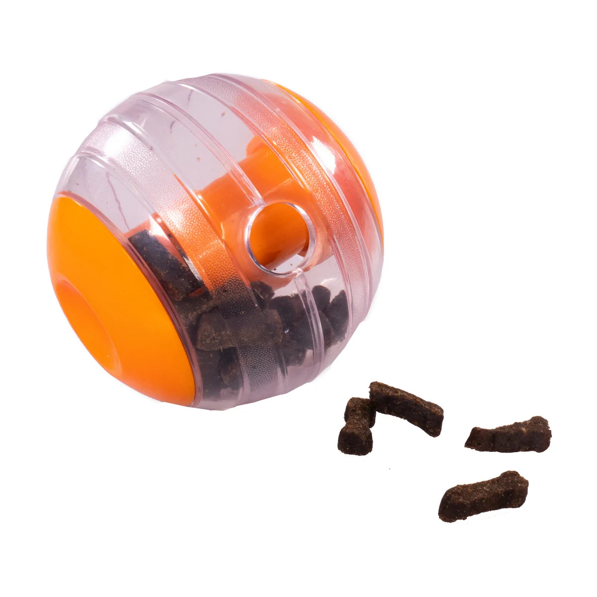 Rosewood Giggling Treat Ball filled with dog treats to encourage rolling play and mental stimulation