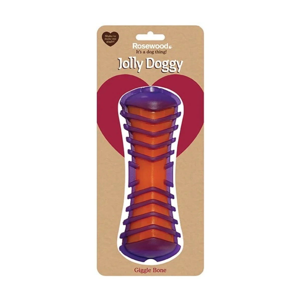Rosewood Jolly Doggy Giggle Bone dog toy in packaging with orange and purple bone design