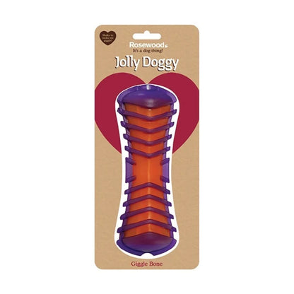 Rosewood Jolly Doggy Giggle Bone dog toy in packaging with orange and purple bone design