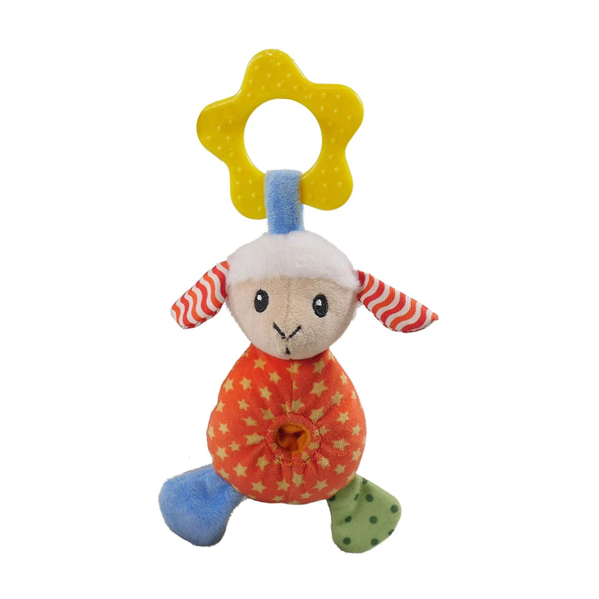 Rosewood Little Nippers Laughy Lamb puppy toy with plush lamb body, rubber teething star, treat pocket and squeaker