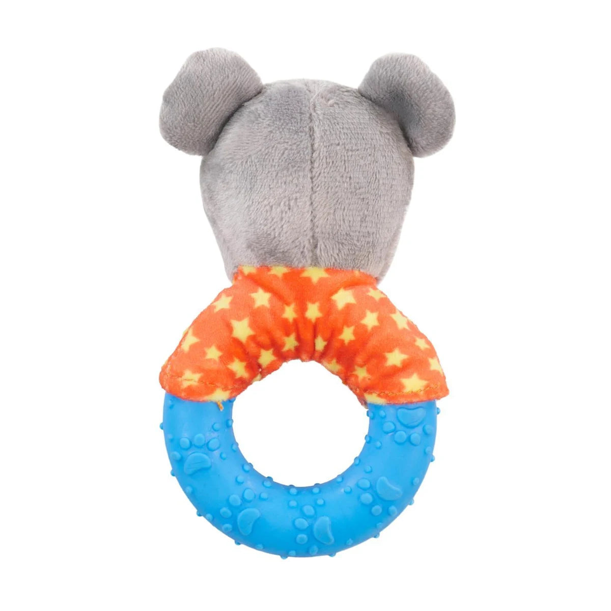 Back view of Rosewood Little Nippers Mischief Mouse showing plush body and blue rubber teething ring