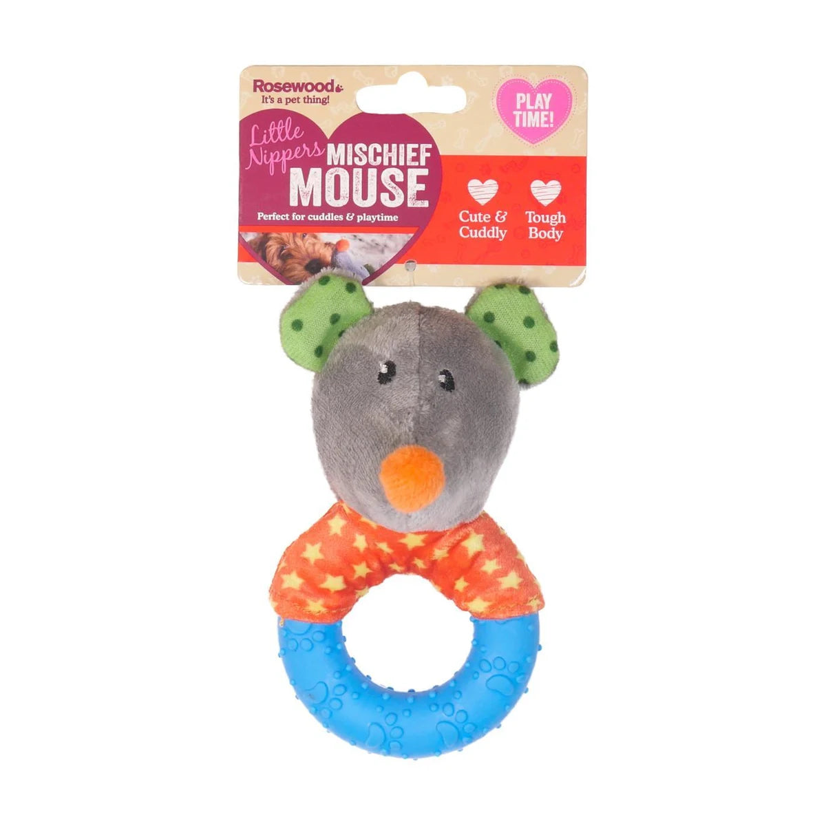Rosewood Little Nippers Mischief Mouse packaging showing soft puppy toy with tough rubber ring