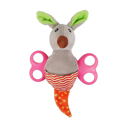 Rosewood Little Nippers Rascal Roo puppy toy with soft plush body, pink rubber teething centre, treat pocket and hidden squeaker
