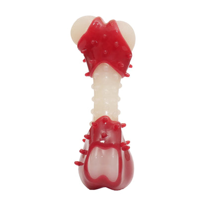 Rosewood Meaty Bacon Takeaway Bone red and cream dog chew toy with raised bristles