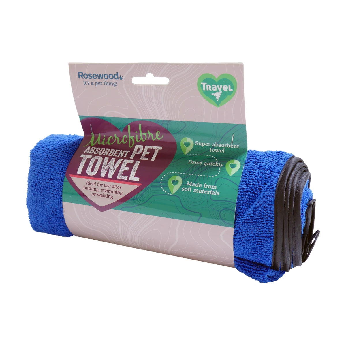 Rosewood Travel microfibre absorbent pet towel packaging ideal after bathing swimming or walking