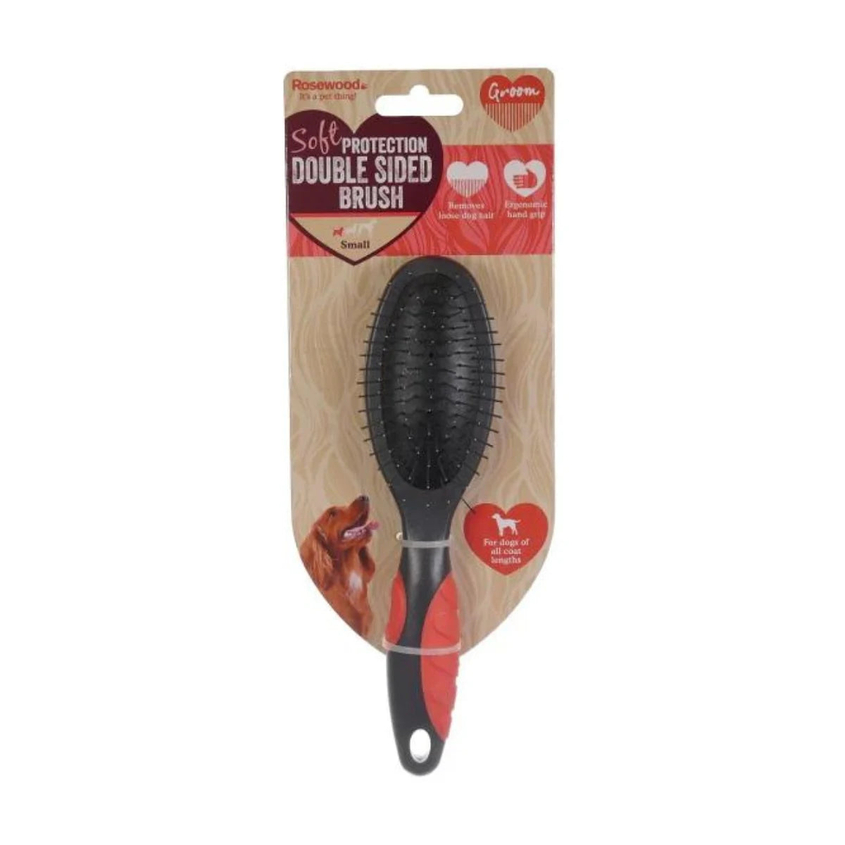 Rosewood Salon Grooming double sided dog brush small size in retail packaging with pin and bristle sides for home coat care