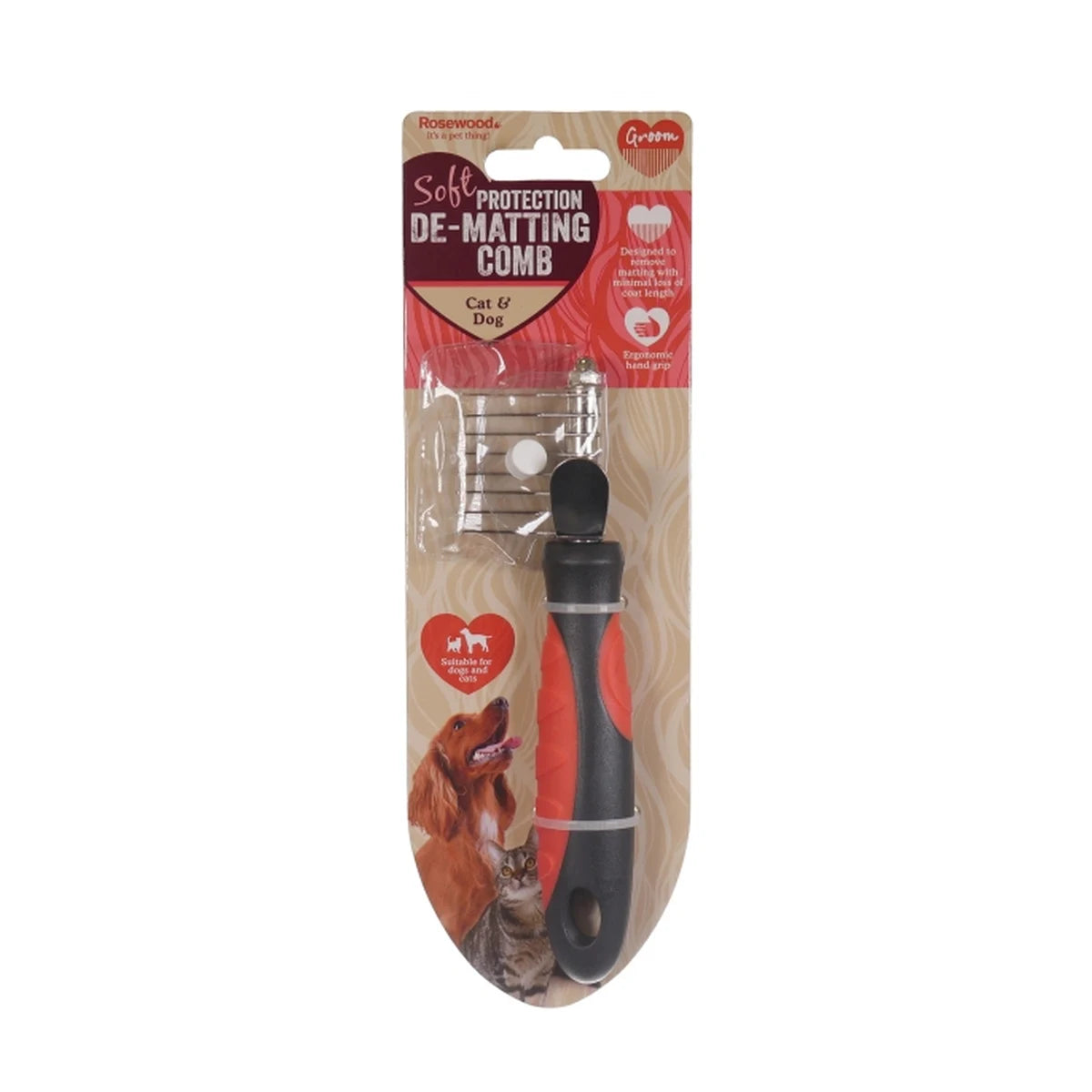 Rosewood Salon Grooming de matting comb in packaging for cat and dog long coats with ergonomic hand grip