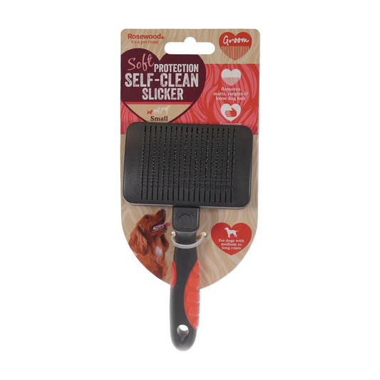 Rosewood self-cleaning slicker brush small size for gentle coat care and de-shedding