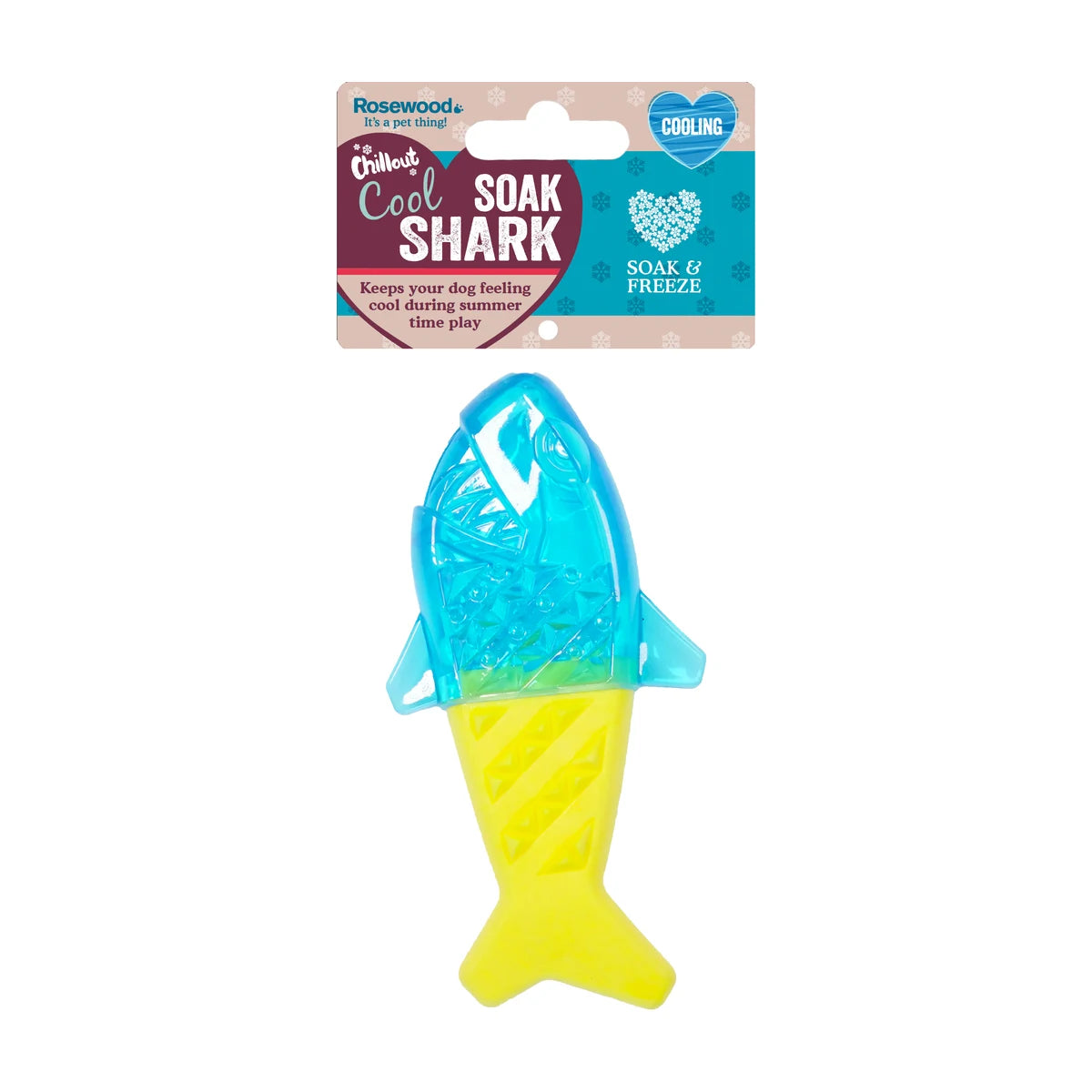 Rosewood Chillax Cool Soak Shark packaging showing soak and freeze cooling dog toy