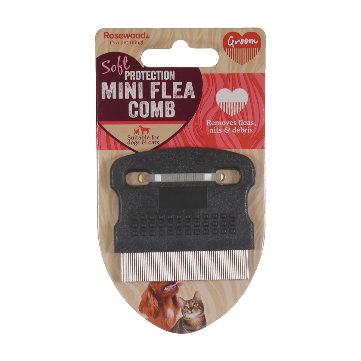 Rosewood Soft Protection mini flea comb in packaging for dogs and cats, removes fleas nits and debris