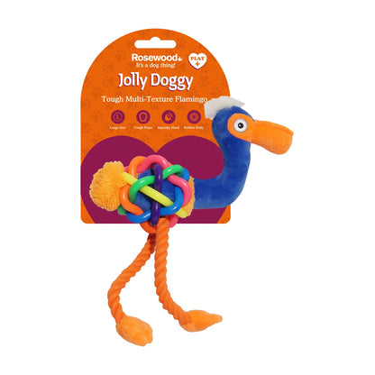 Rosewood Tough Multi-Texture Flamingo large dog toy with rubber belly, squeaky head and rope legs