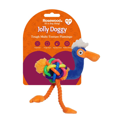 Rosewood Tough Multi-Texture Flamingo small dog toy with plush body, rubber belly and rope legs