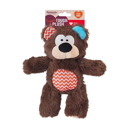 Rosewood Tough Rope Core Bear packaging showing super tough plush dog toy with hidden squeaker