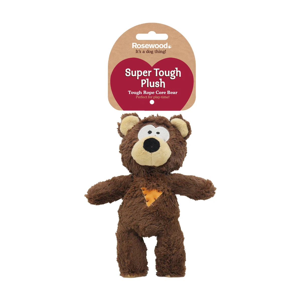 Rosewood Super Tough Plush Bear packaging showing super tough plush dog toy with hidden squeaker