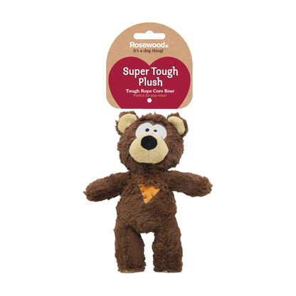 Rosewood Super Tough Plush Bear packaging showing super tough plush dog toy with hidden squeaker