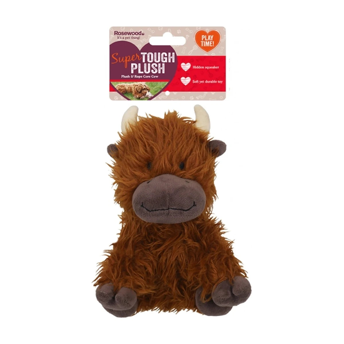 Rosewood Tough Rope Core Cow packaging showing super tough plush dog toy with hidden squeaker