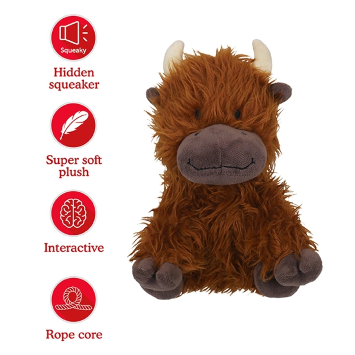 Rosewood Tough Rope Core Cow feature image showing hidden squeaker super soft plush interactive play and rope core