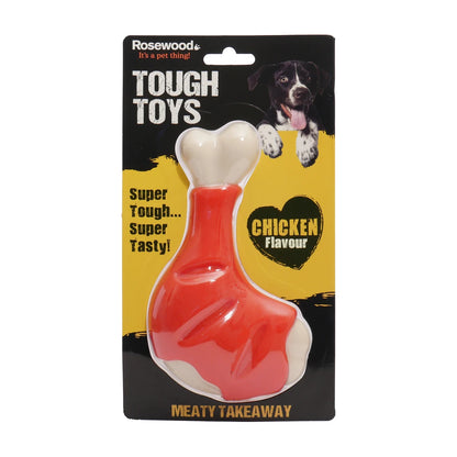 Rosewood Tough Toys Chicken Leg dog chew toy in packaging with chicken flavour label
