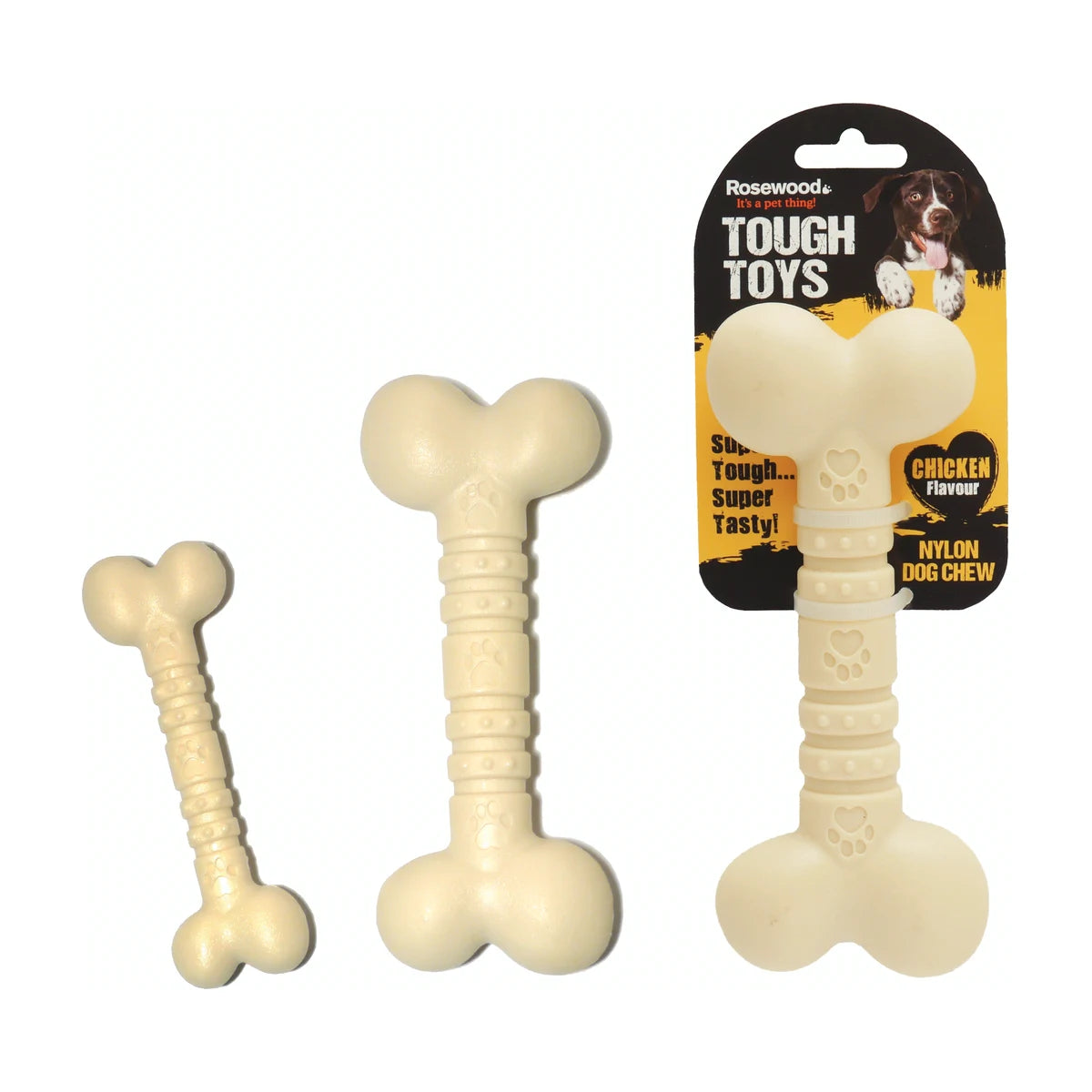 Rosewood Tough Toys Chicken Nylon Bone dog chew toy packaging with chicken flavour