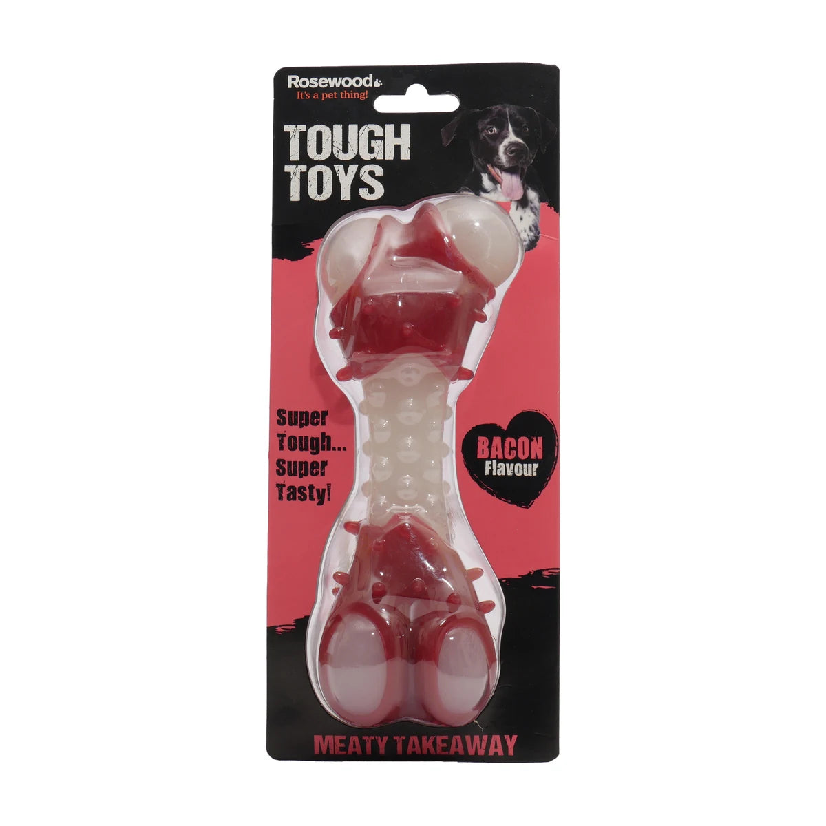 Rosewood Tough Toys Meaty Bacon Takeaway Bone dog chew toy in packaging