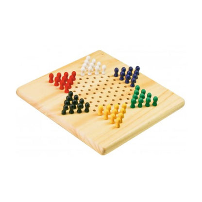 Rustic Chinese Checkers wooden board game with coloured pieces arranged on the star board
