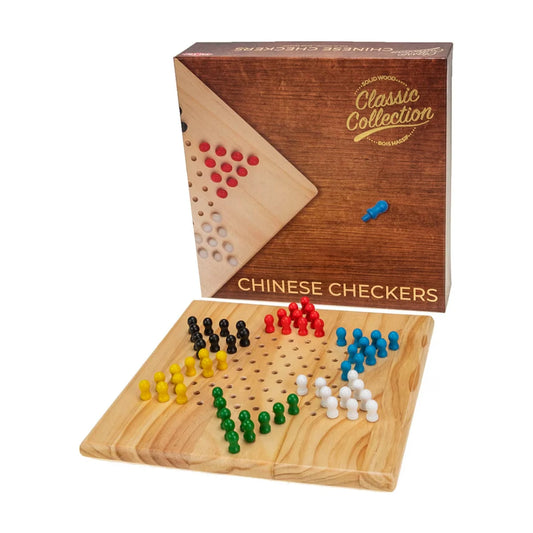 Rustic Chinese Checkers board game open box with wooden board and coloured playing pieces