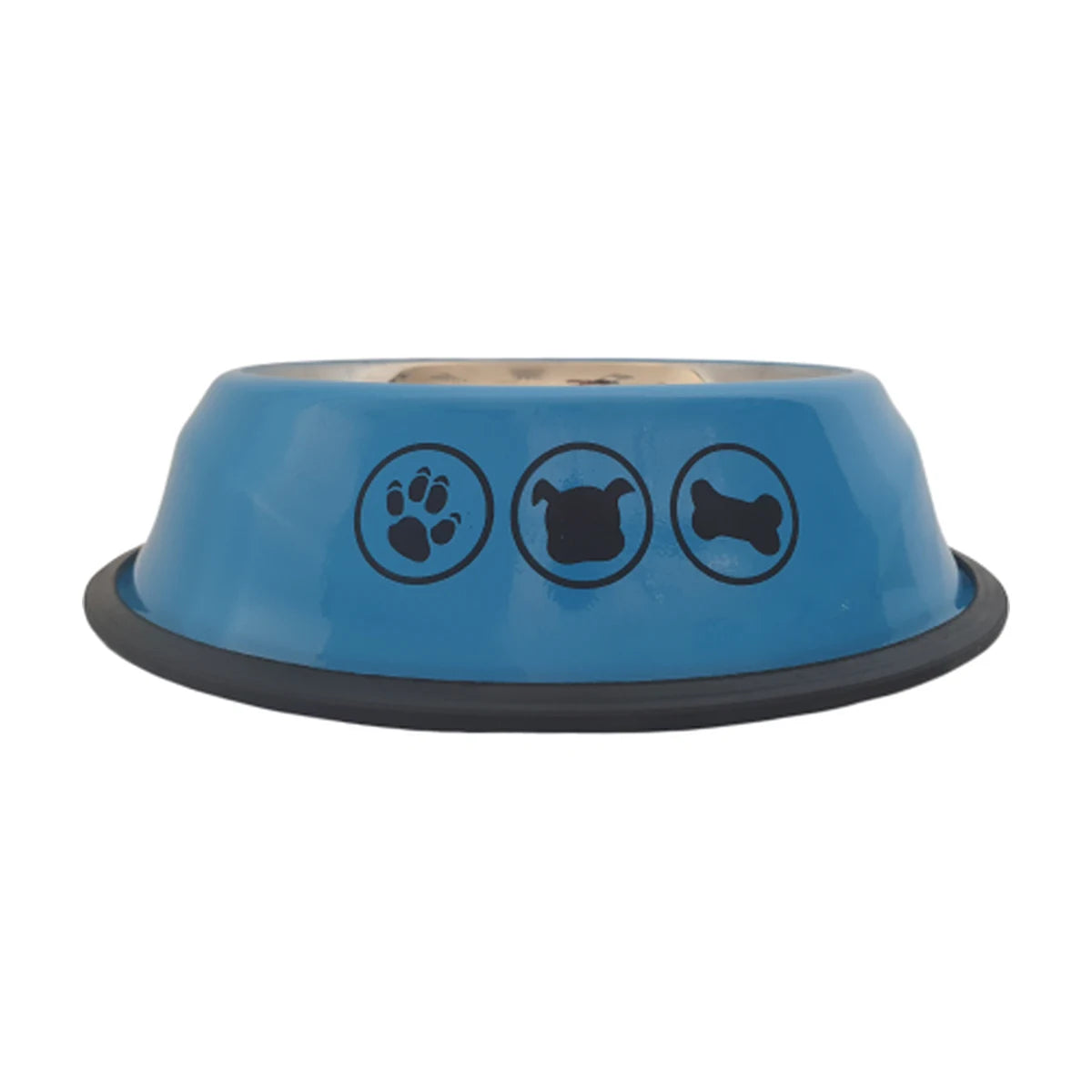 Blue S Shape stainless steel pet bowl shown from the front, featuring black paw, dog and bone illustrations and a black anti-skid base.