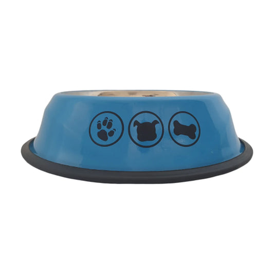 Blue S Shape stainless steel pet bowl shown from the front, featuring black paw, dog and bone illustrations and a black anti-skid base.