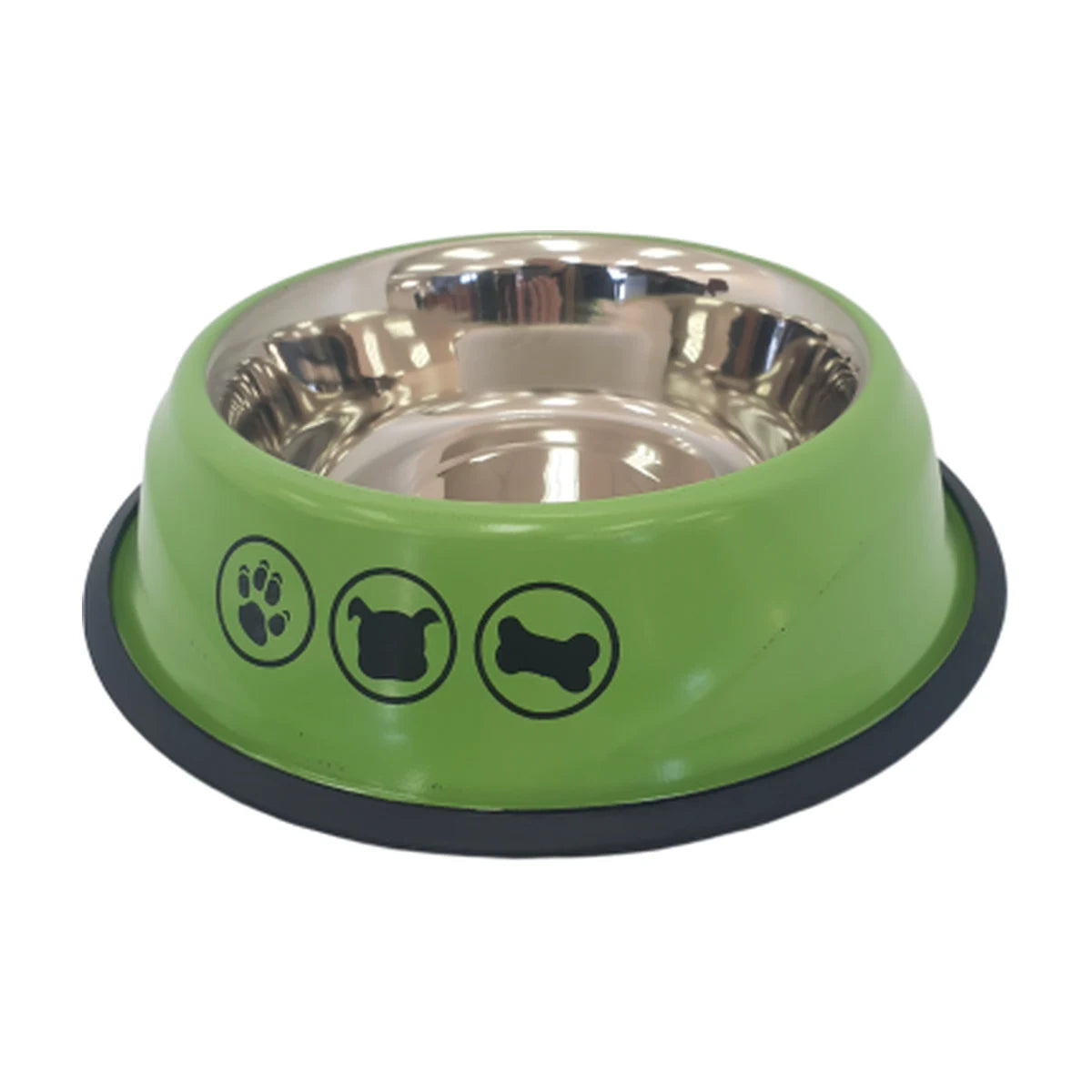 Purple S Shape stainless steel pet feeding bowl with polished silver interior, printed paw and bone design, and black anti-skid base.