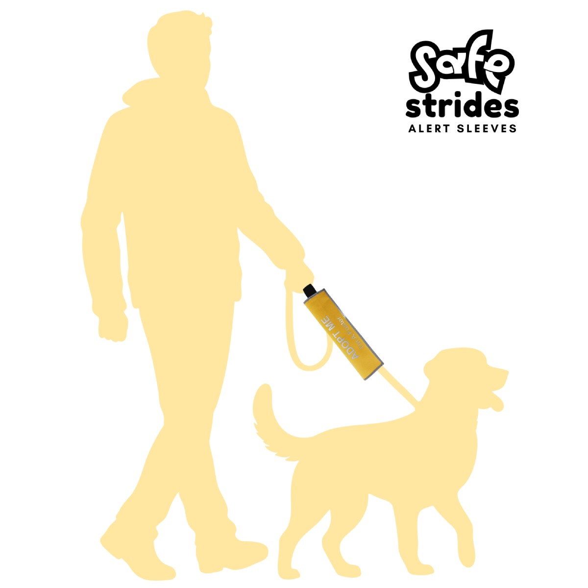 Safe Strides Adopt Me alert sleeve shown on a leash to demonstrate size and placement
