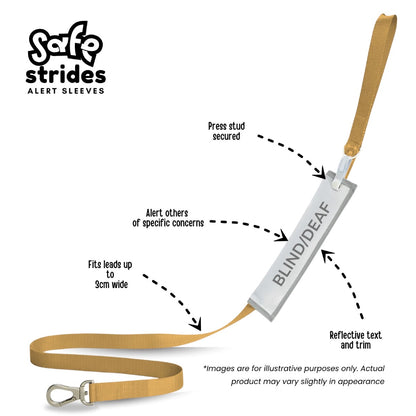 Safe Strides alert sleeve benefits guide showing reflective trim, secure press stud and fit for leads up to 3cm wide