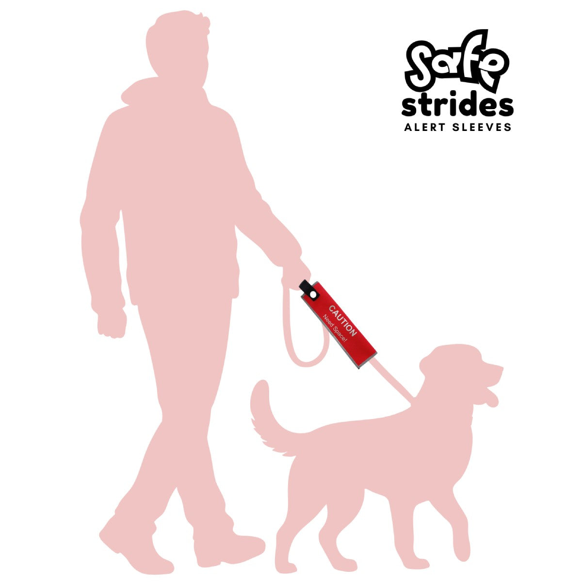Safe Strides Caution Need Space alert sleeve shown on a leash to demonstrate size and placement