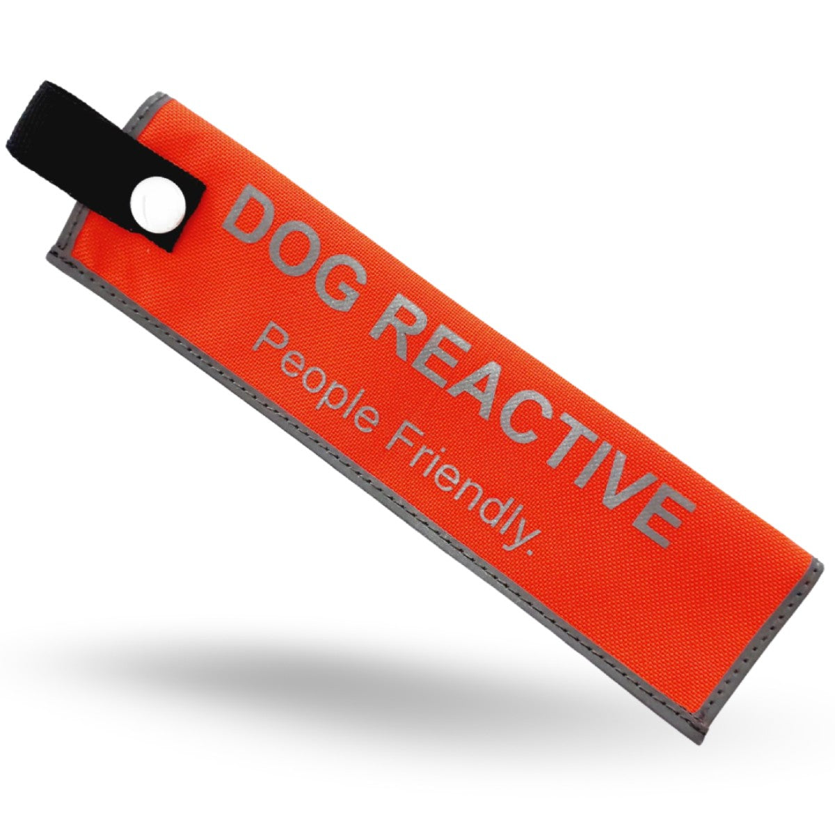 Safe Strides Reactive Dog orange alert sleeve with bold reflective lettering for clearer leash communication