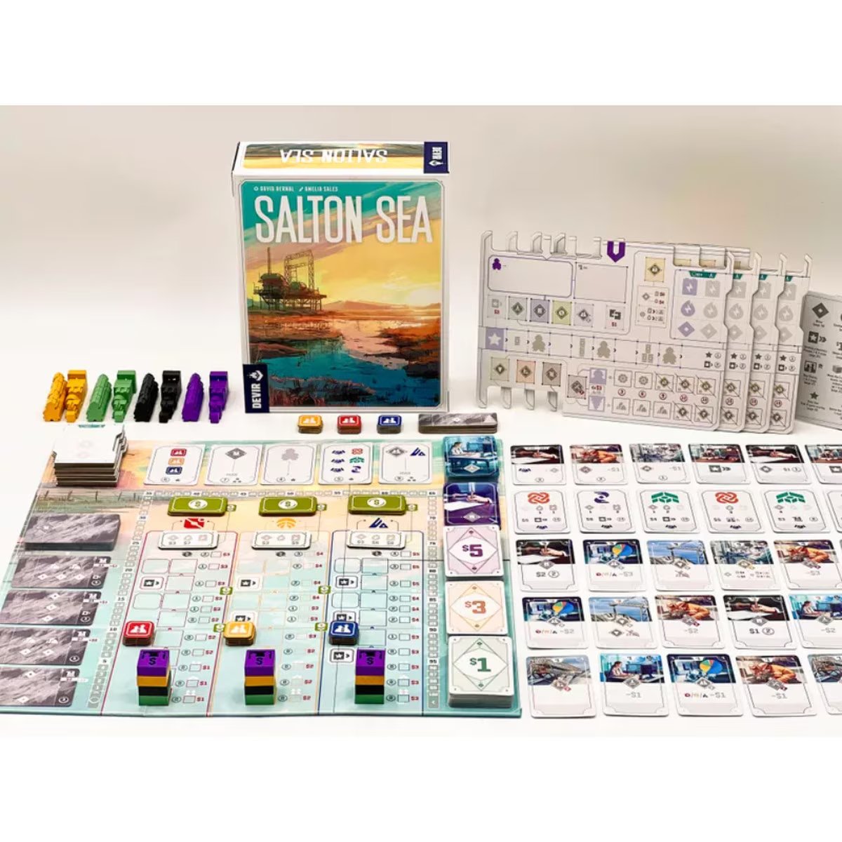 Salton Sea board game components with board, cards, player boards and pieces