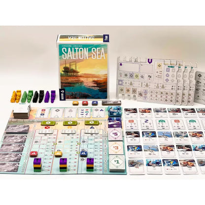 Salton Sea board game components with board, cards, player boards and pieces