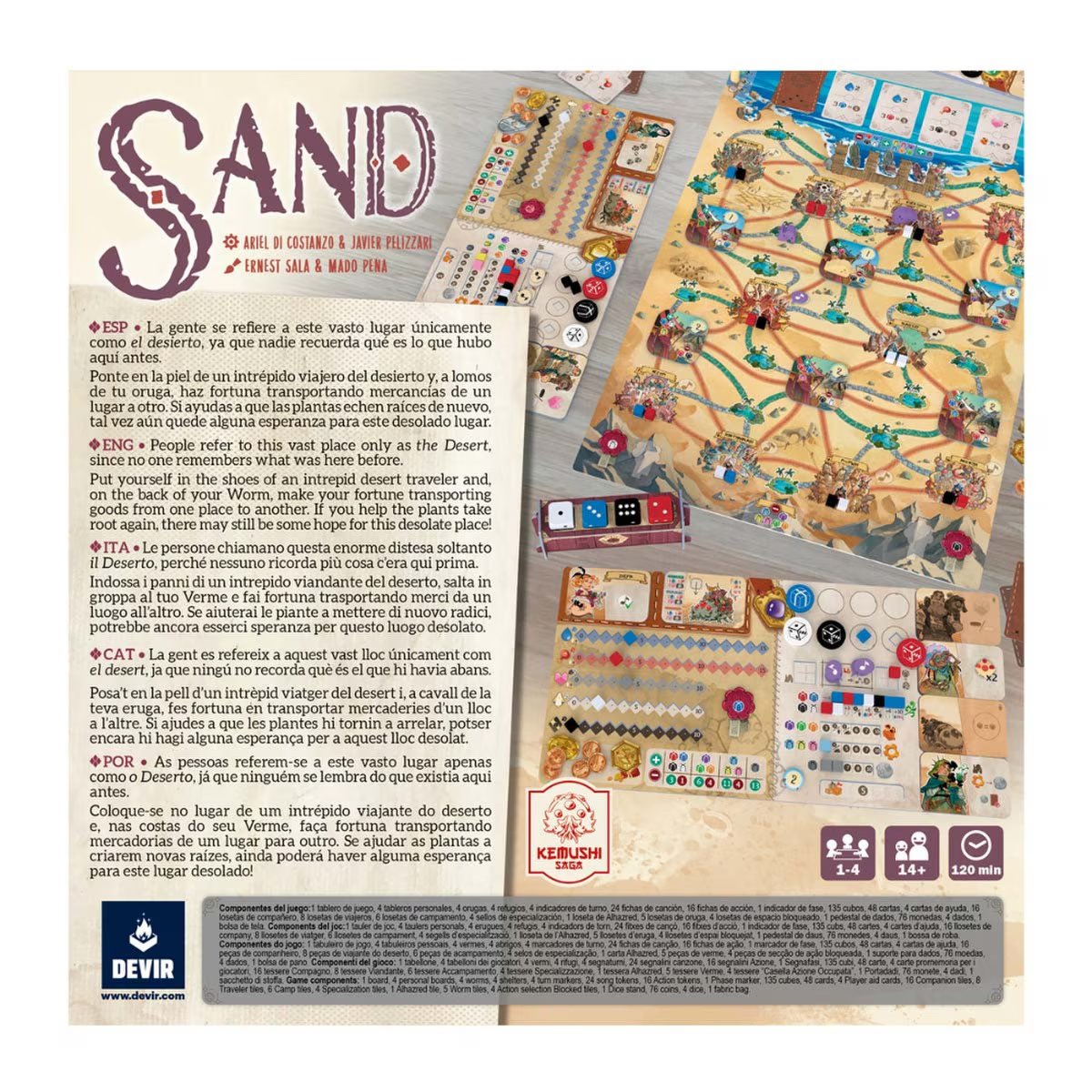 Sand board game back of box showing gameplay overview and components