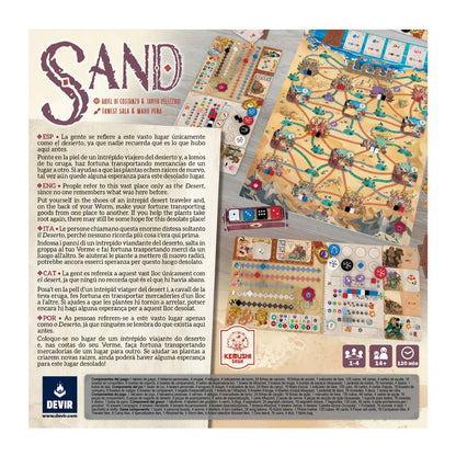 Sand board game back of box showing gameplay overview and components