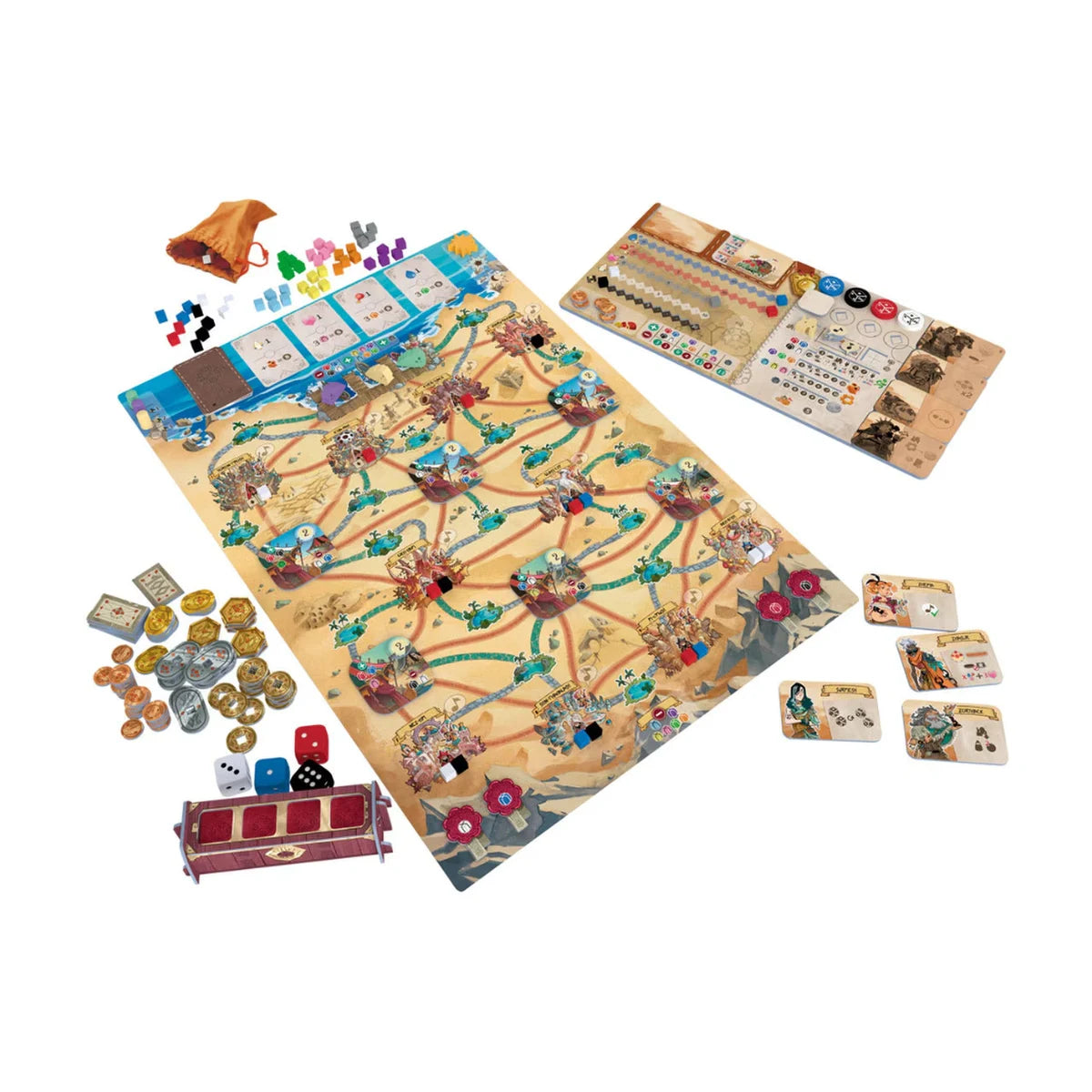 Sand board game components with board, player boards, dice, cards and tokens