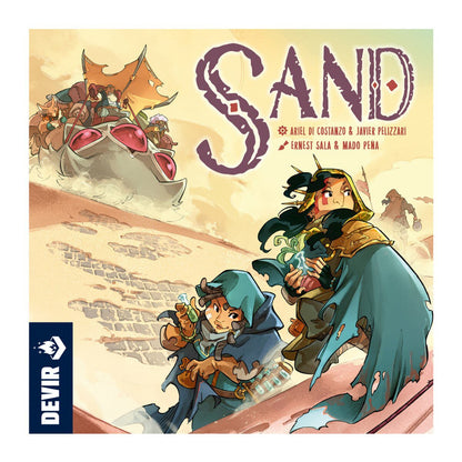 Sand board game cover art showing desert travelers and a Worm